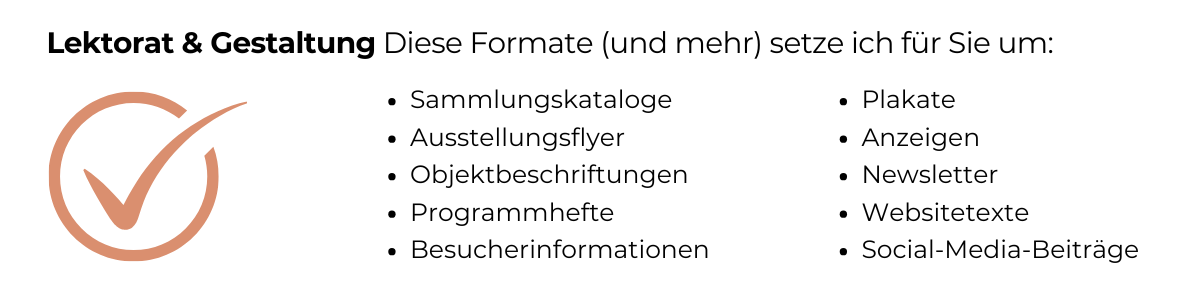 Beispielhafte Auflistung von Formaten, für die Lektorat und Gestaltung angeboten wird.