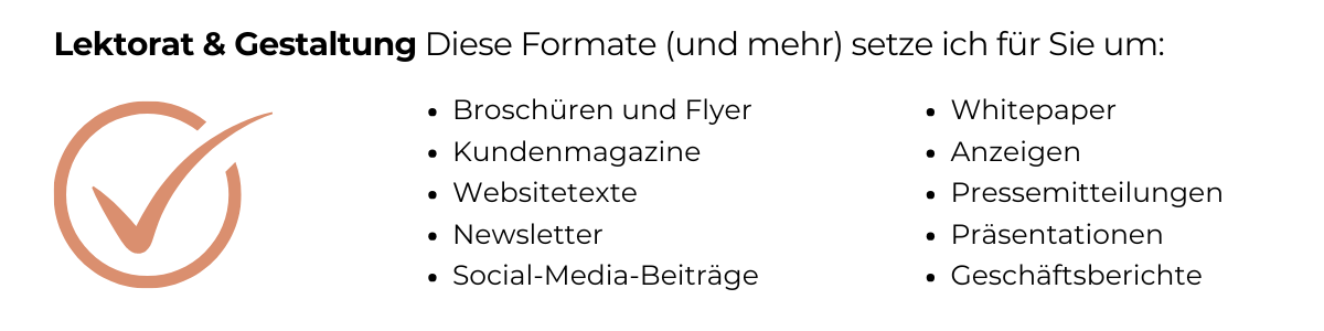 Auflistung von beispielhaften Formaten, für die Lektorat und Gestaltung angeboten wird.